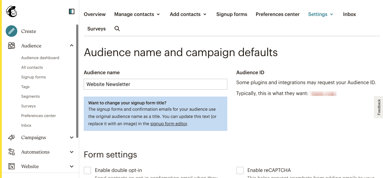 Ändern des Namens und der Standardeinstellungen in Mailchimp