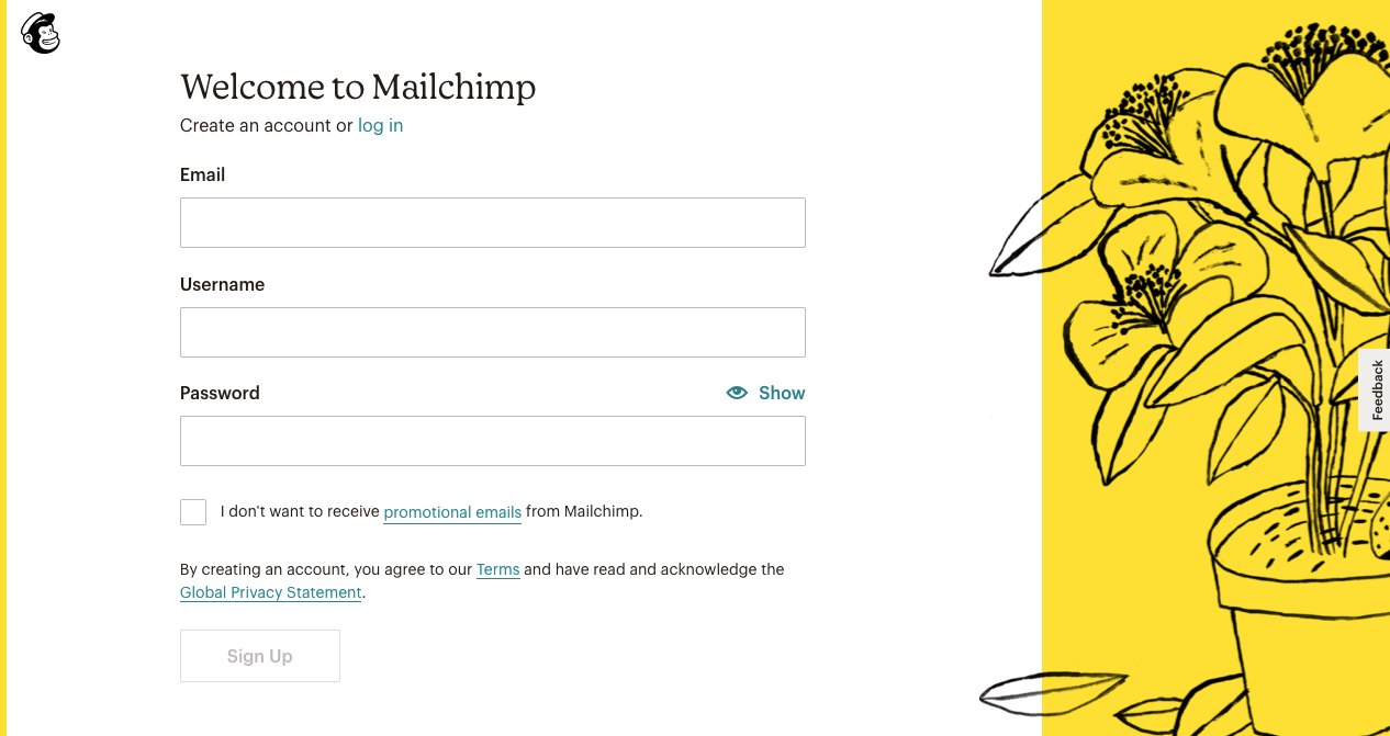 Halaman pendaftaran Mailchimp