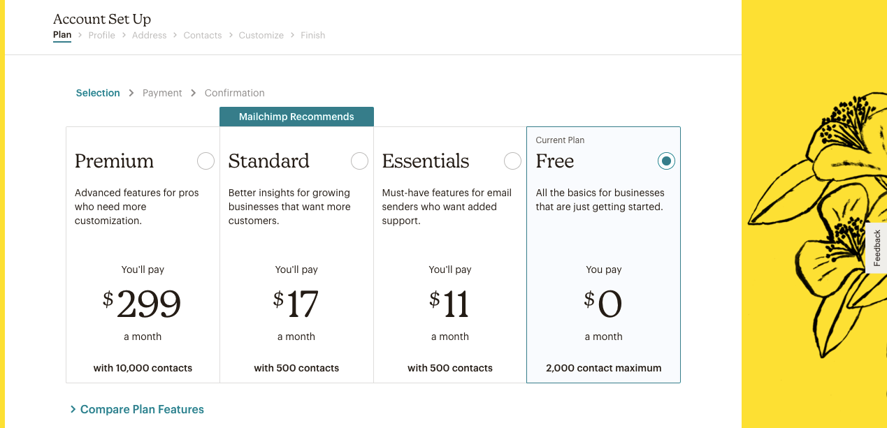 ตัวเลือกแผนบนเว็บไซต์ Mailchimp