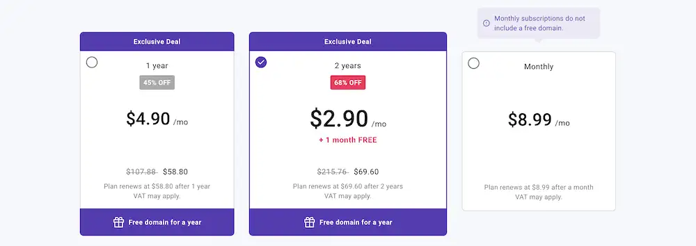 Revisión del creador de sitios web de Zyro: elección de opciones de precios para Zyro.