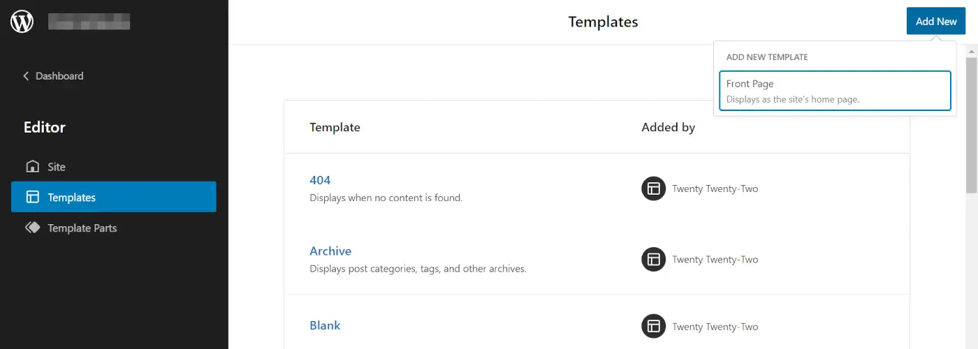 Menambahkan template baru dengan tema blok WordPress.