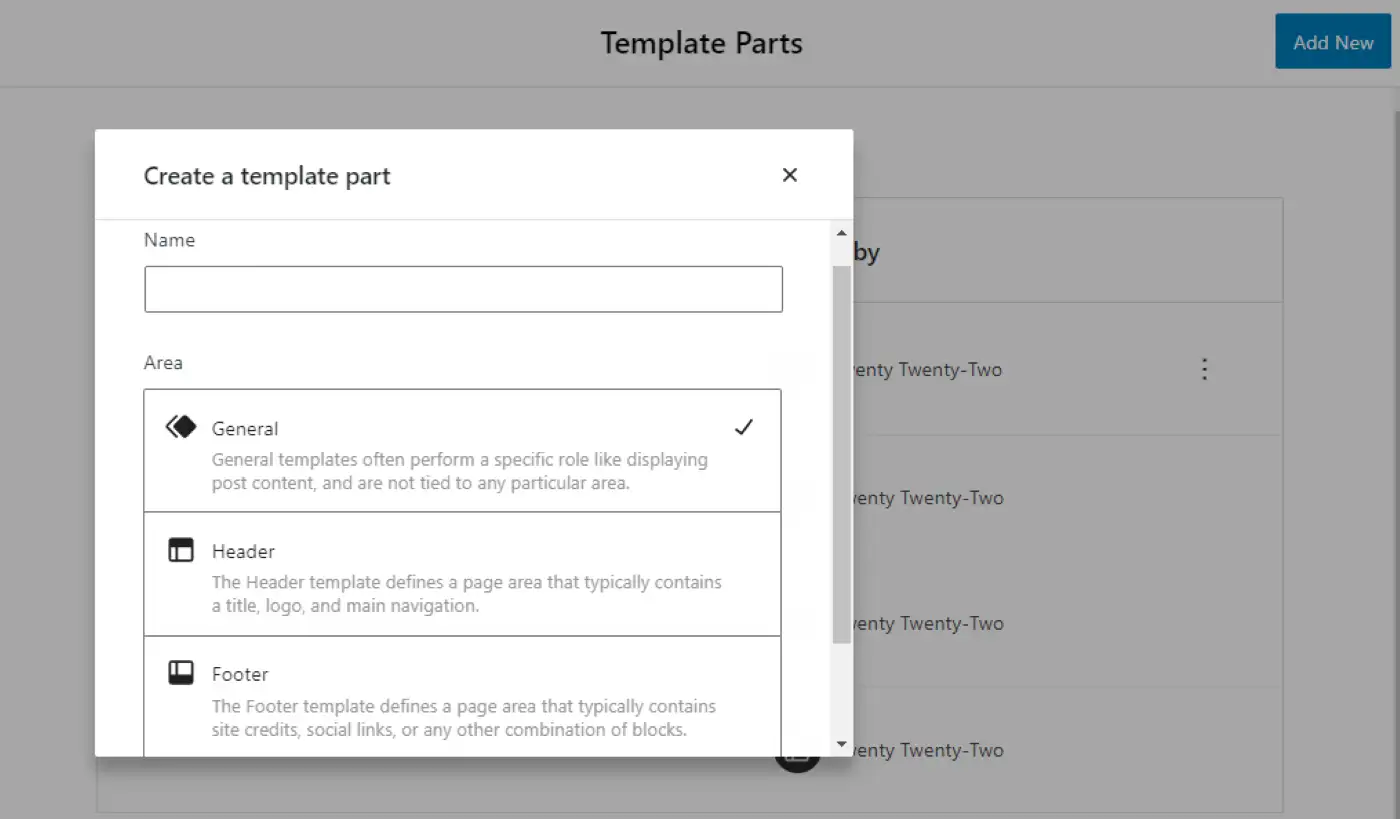 Agregar nuevas partes de plantilla con un tema de bloque de WordPress.