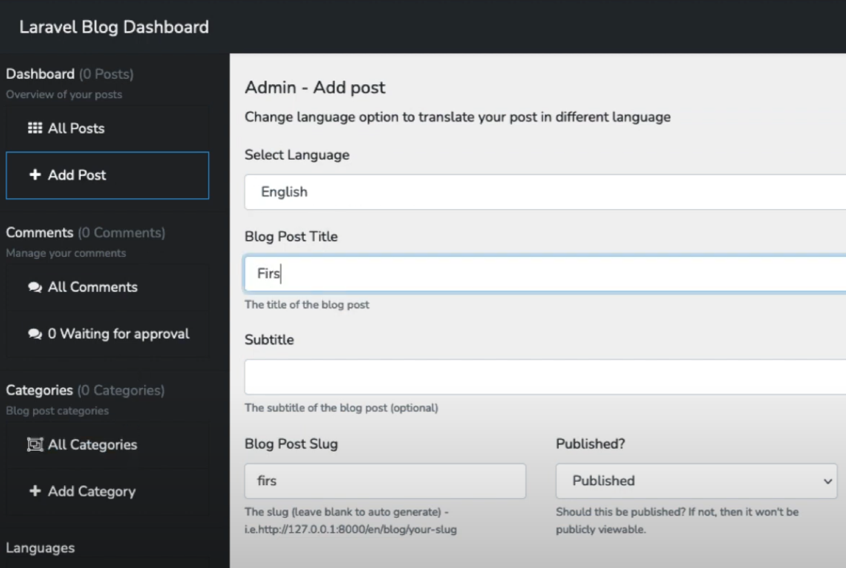 El panel de control del blog de Laravel