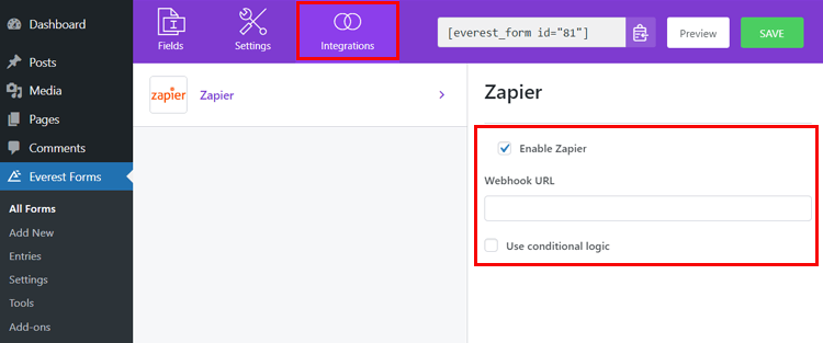 Abilita Zapier e incolla l'URL del webhook