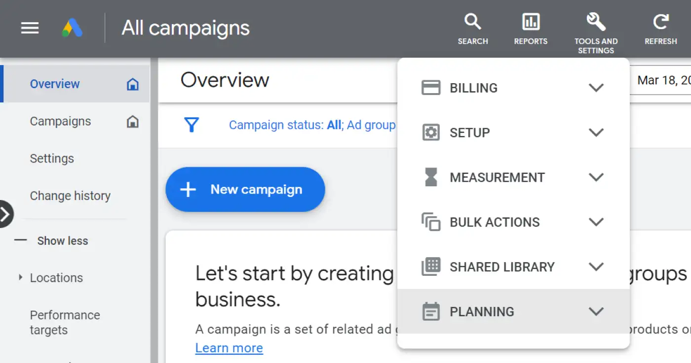 Google Ads 中的工具和設置選項