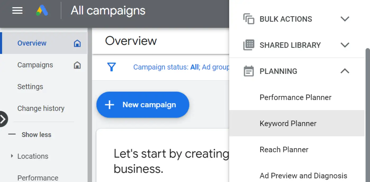 Opção Planejador de palavras-chave no Google Ads