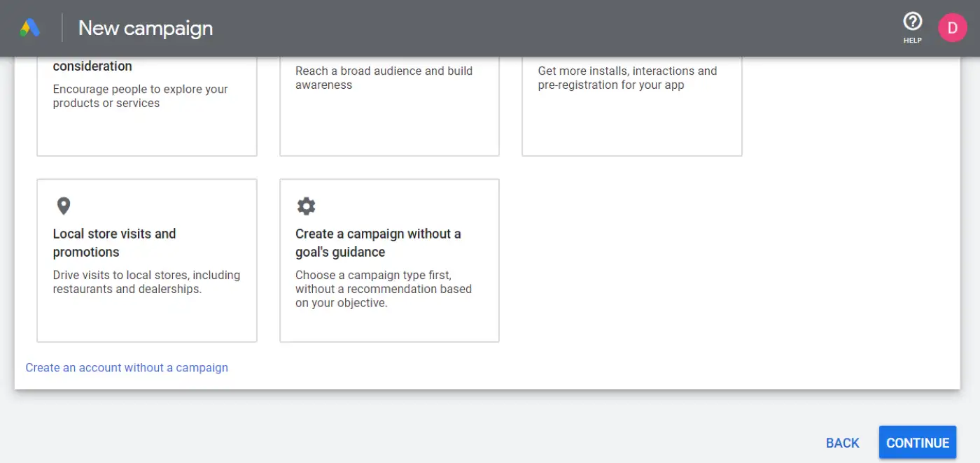 Créer un compte sans option de campagne dans Google Ads