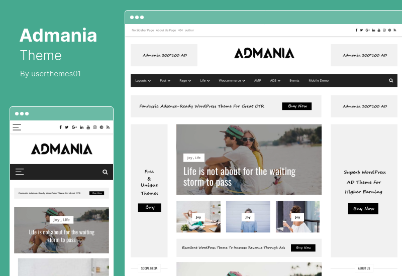 Admania 테마 - 구텐베르크와 호환되는 애드센스 WordPress 테마