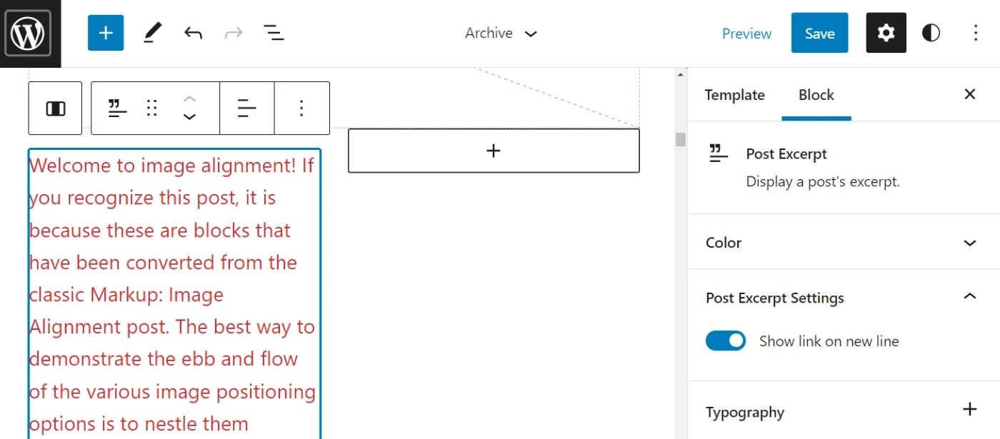 Editarea extrasului postării în blocul Query Loop