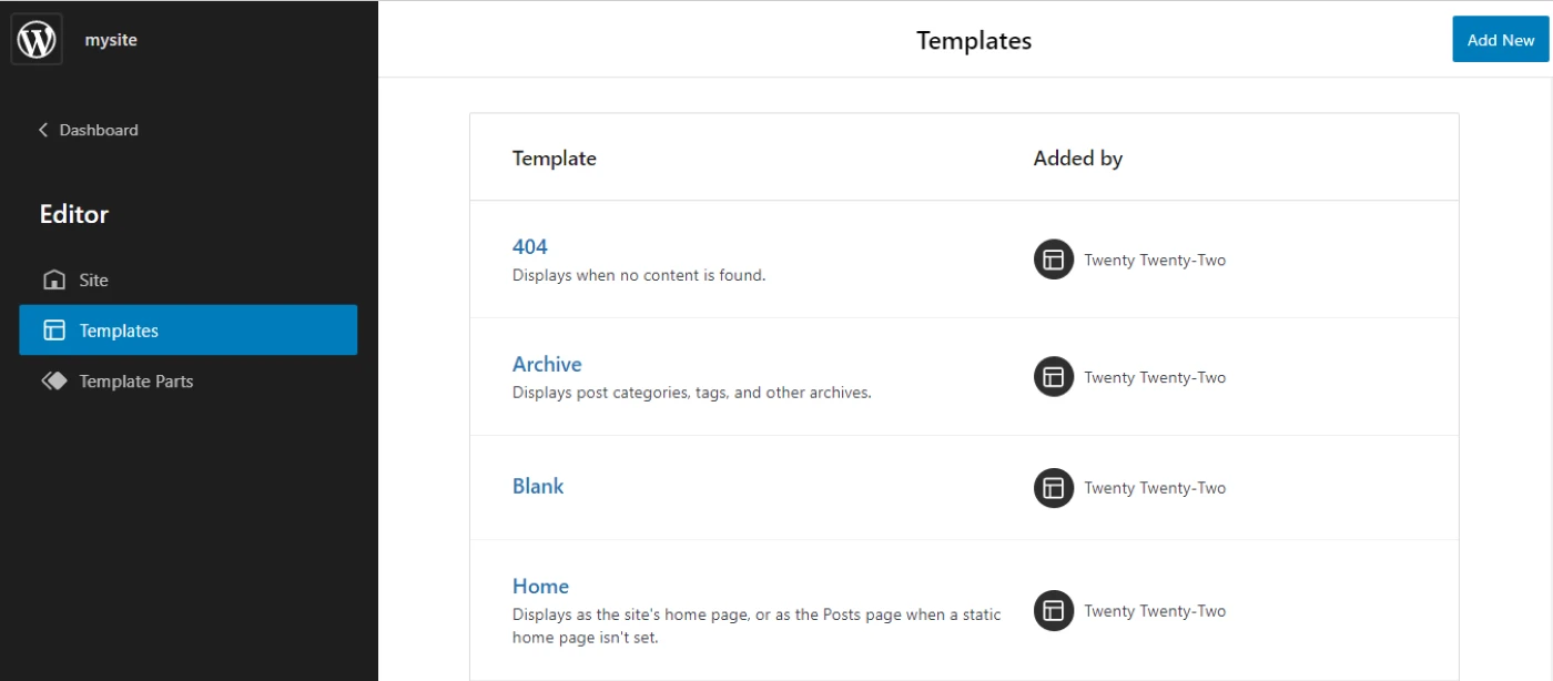 Lista de plantillas en el Editor del sitio de WordPress.