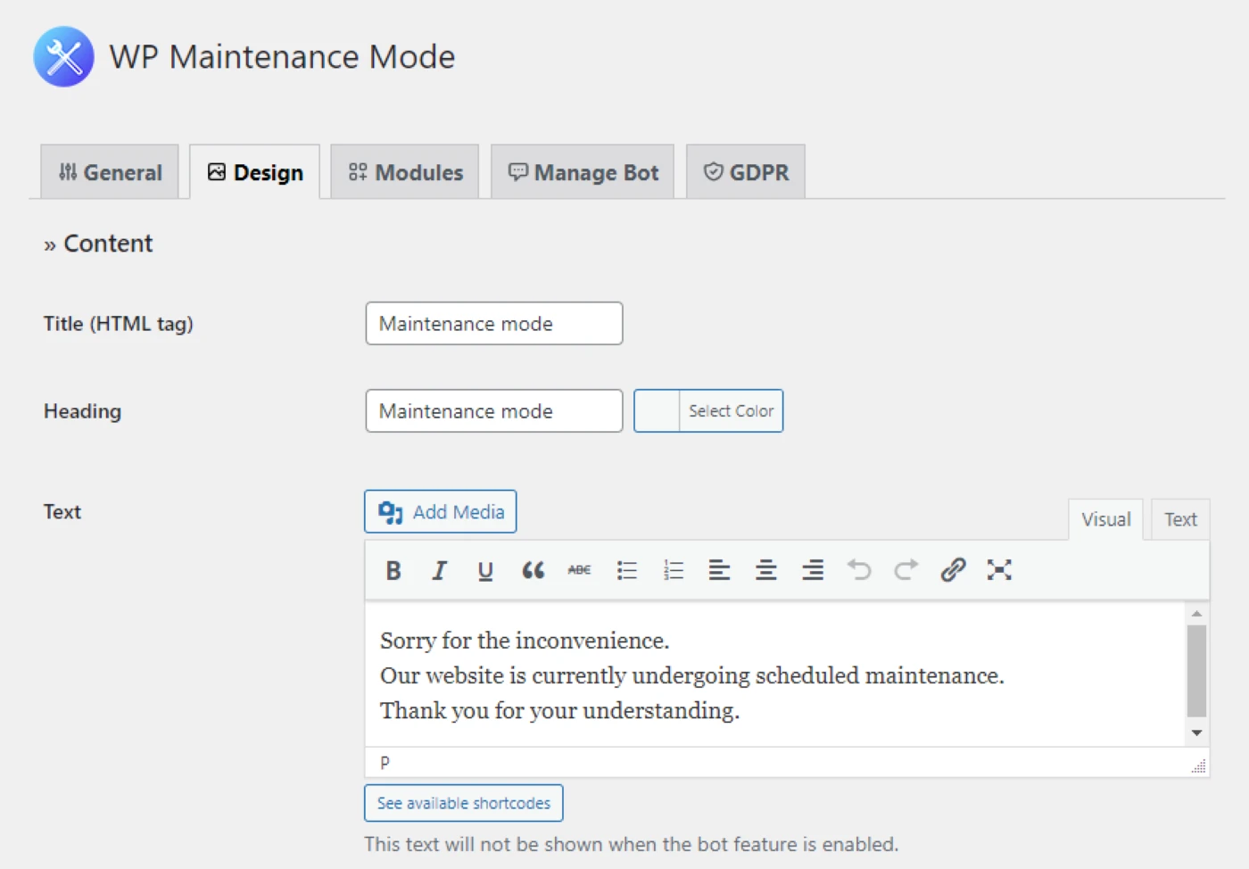 Opciones de diseño del modo de mantenimiento de WP