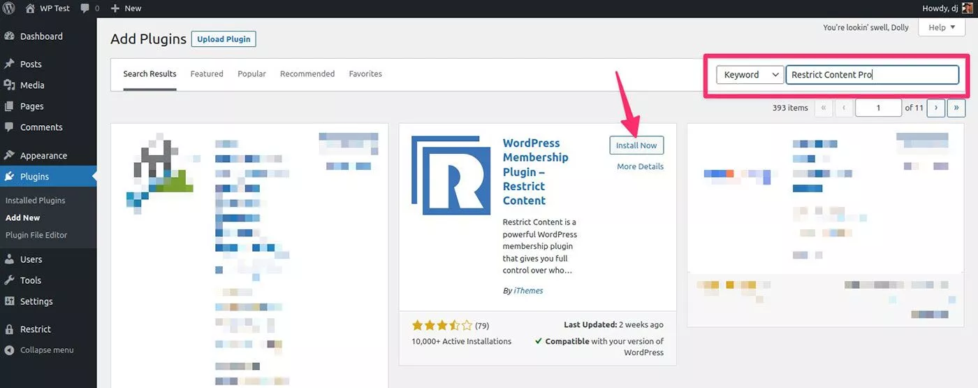 capture d'écran de l'installation du plugin Restrict Content Pro dans WordPress