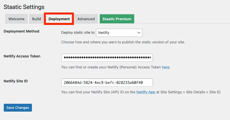 Menu delle impostazioni di distribuzione statica