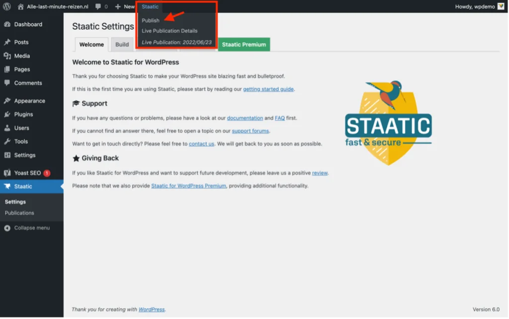 Emplacement du bouton de publication de site statique de publication de Staatic dans la barre supérieure du panneau d'administration de WordPress dans