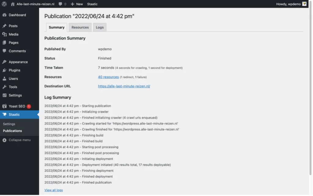 Riepilogo della pubblicazione statica visualizzato nel pannello di amministrazione di WordPress dopo la pubblicazione di un sito statico