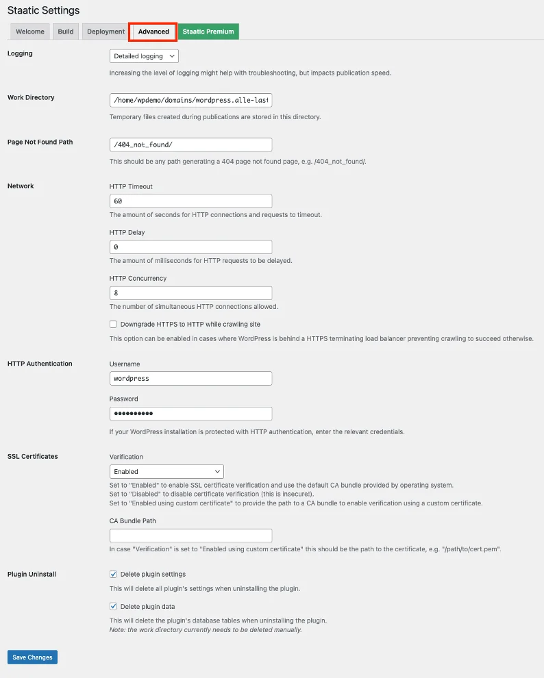 Menus de paramètres avancés statiques