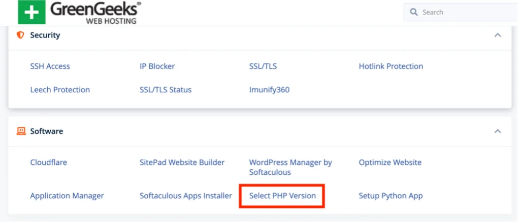 Ubicación de la opción 'Seleccionar versión de PHP' en GreenGeeks cPanel