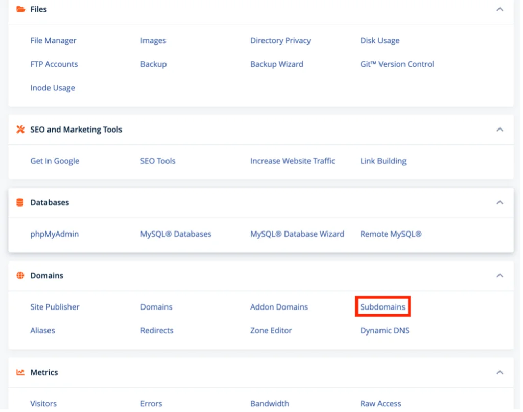 Localização da opção Subdomínios no GreenGeeks cPanel