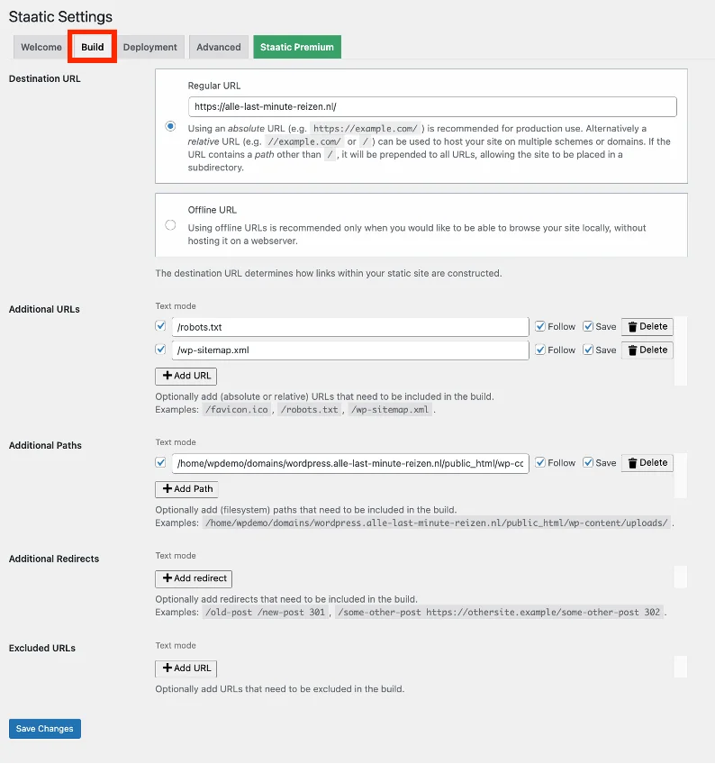 Menús de configuración de compilación estática