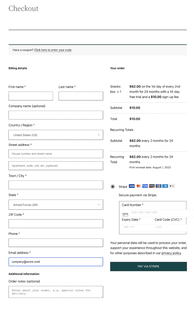 Page de paiement avec produit d'abonnement récurrent