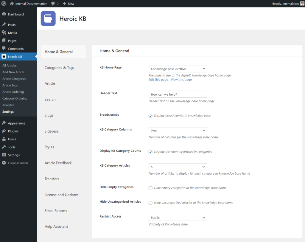 Configuración de la documentación interna