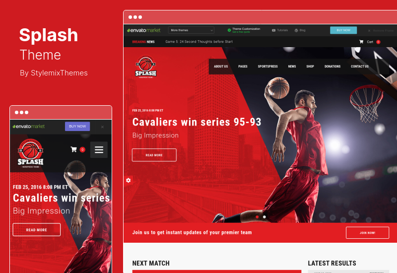 Splash Theme - Tema WordPress de Sport Club para baloncesto, fútbol, ​​hockey