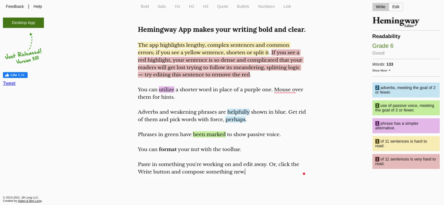 Hemingway App AI içerik yazarı web sitesi.