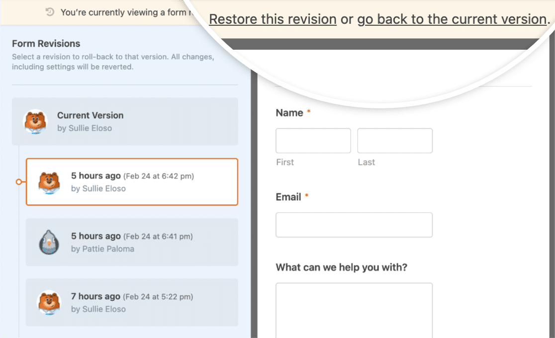 WPForms - restore a previous version