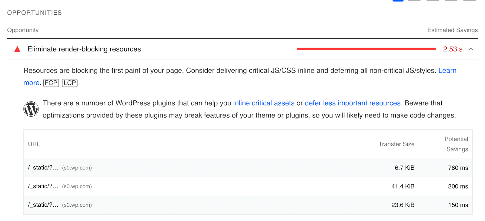 recursos de bloqueio de renderização mostrados no Google PageSpeed