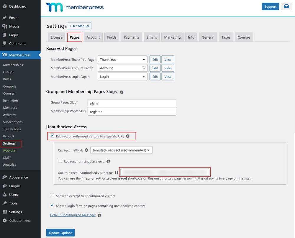 Configurações de acesso não autorizado do MemberPress