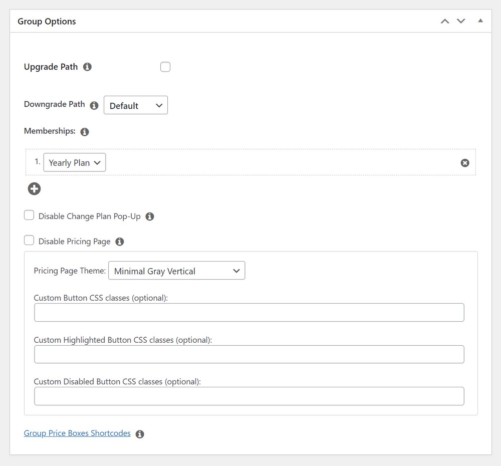 Options du groupe MemberPress