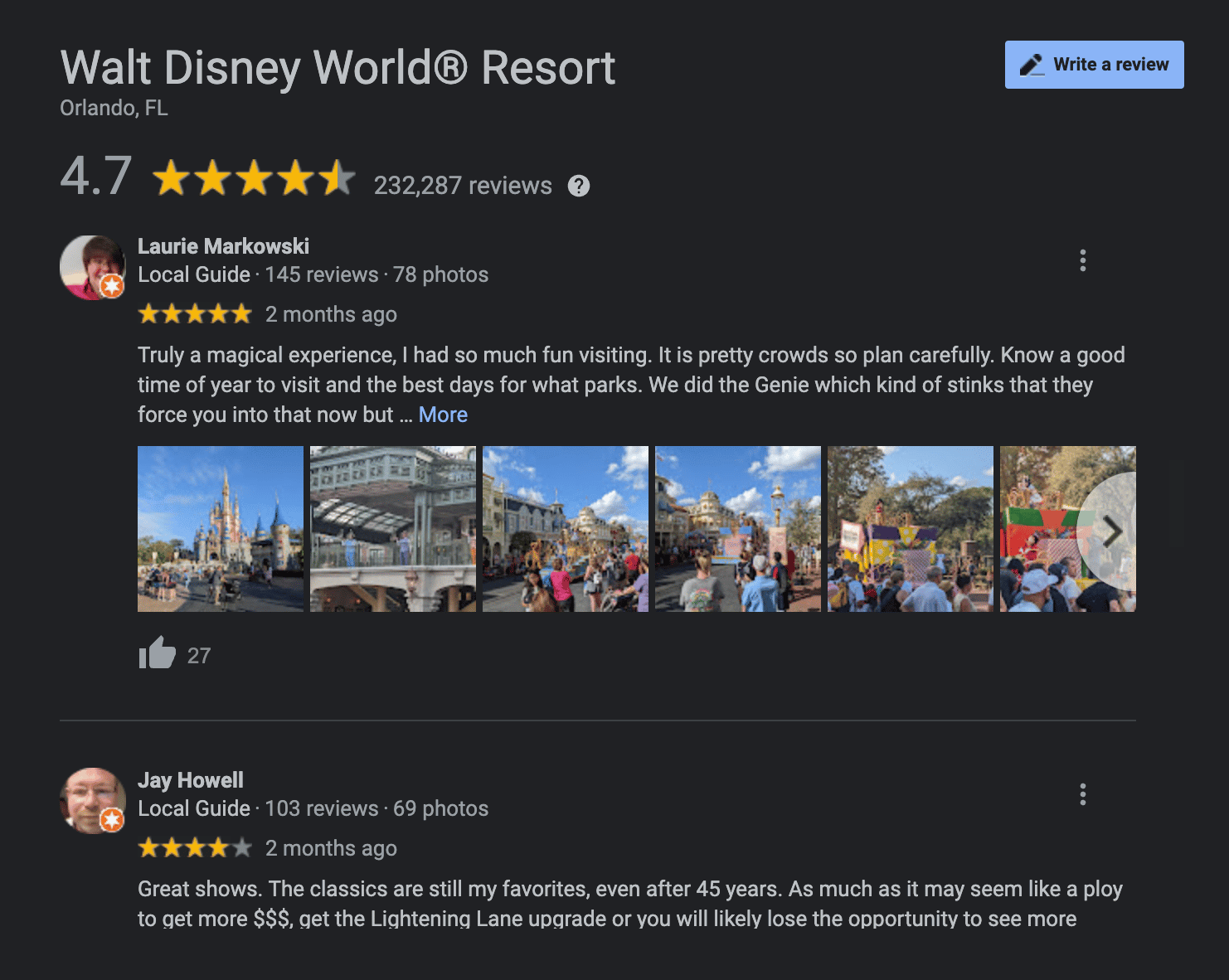 ตัวอย่างรีวิว Walt Disney World