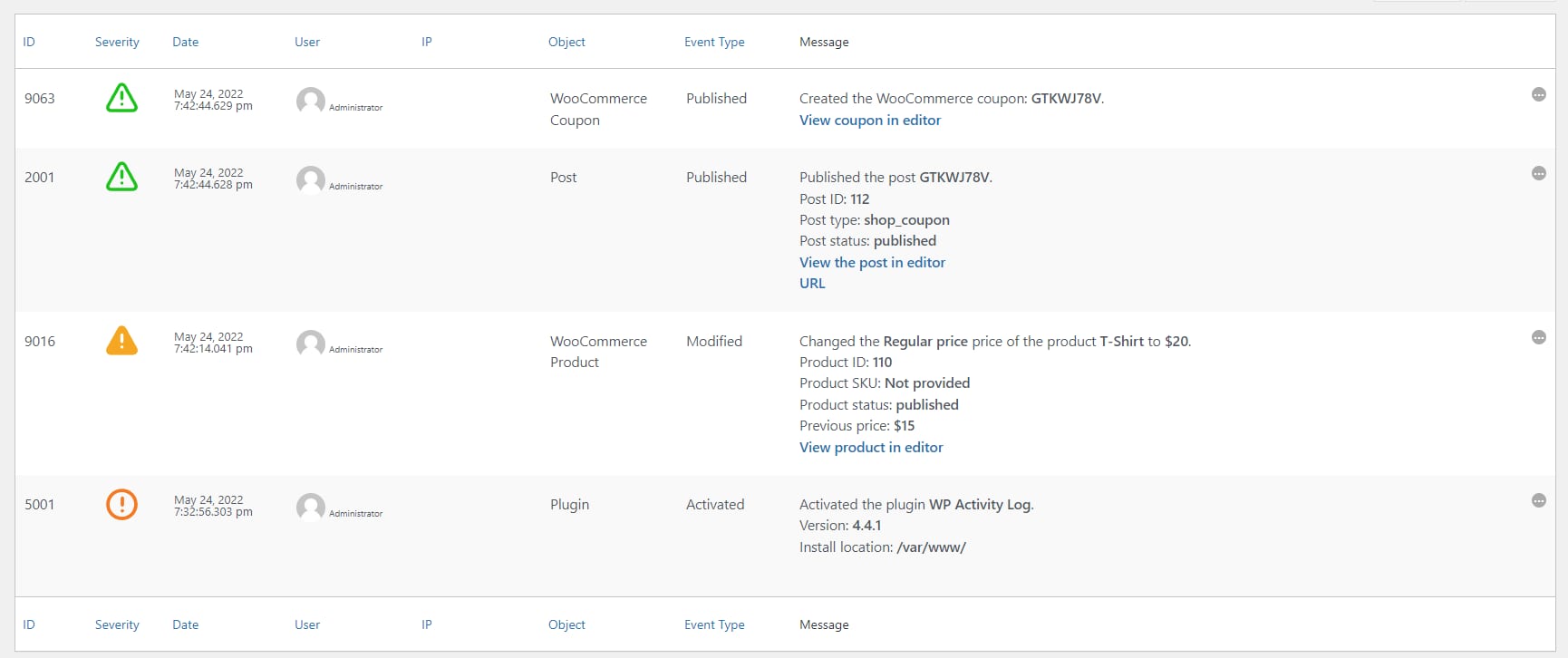 WP Activity Log bietet detaillierte Protokolle.