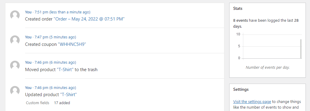 Le journal d'activité de WooCommerce.