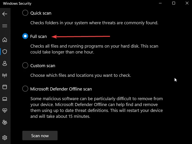 pełne skanowanie programu Windows Defender