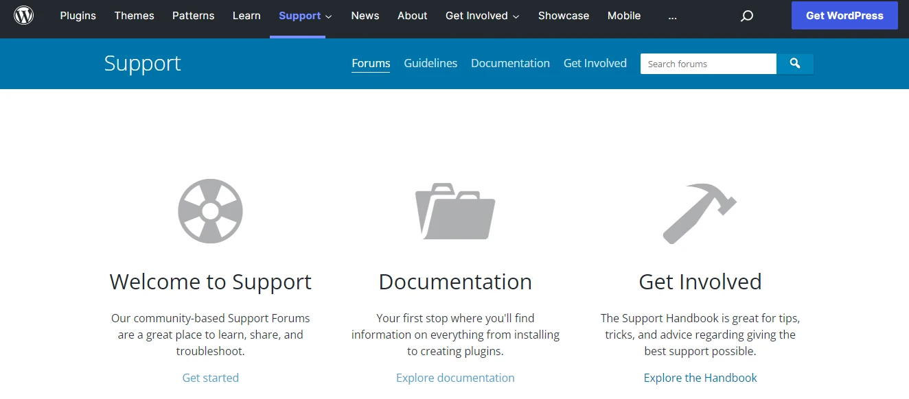 La pagina di supporto di WordPress