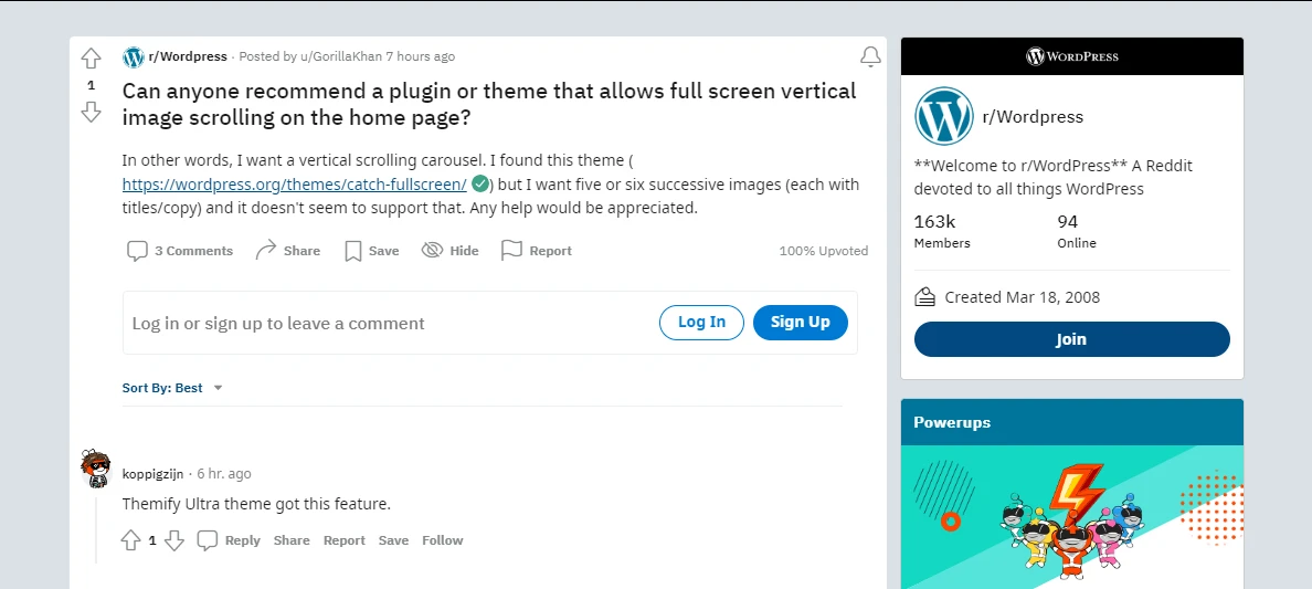 Postarea unui utilizator în comunitatea Reddit WordPress.