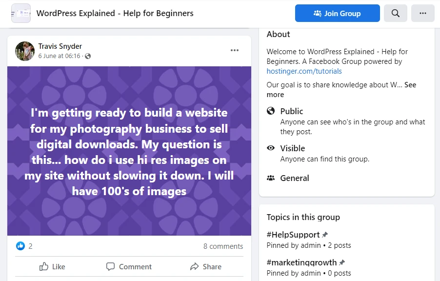 La publication d'un utilisateur dans le groupe WordPress expliqué