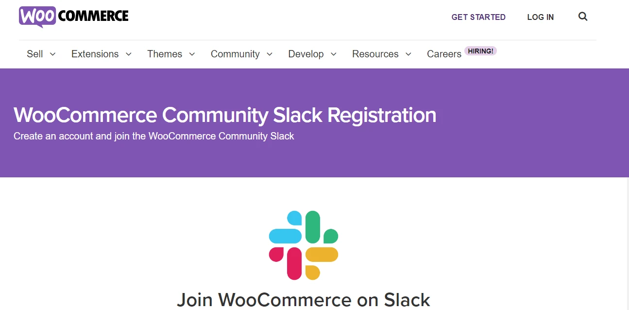 Página de registro do WooCommerce Community Slack