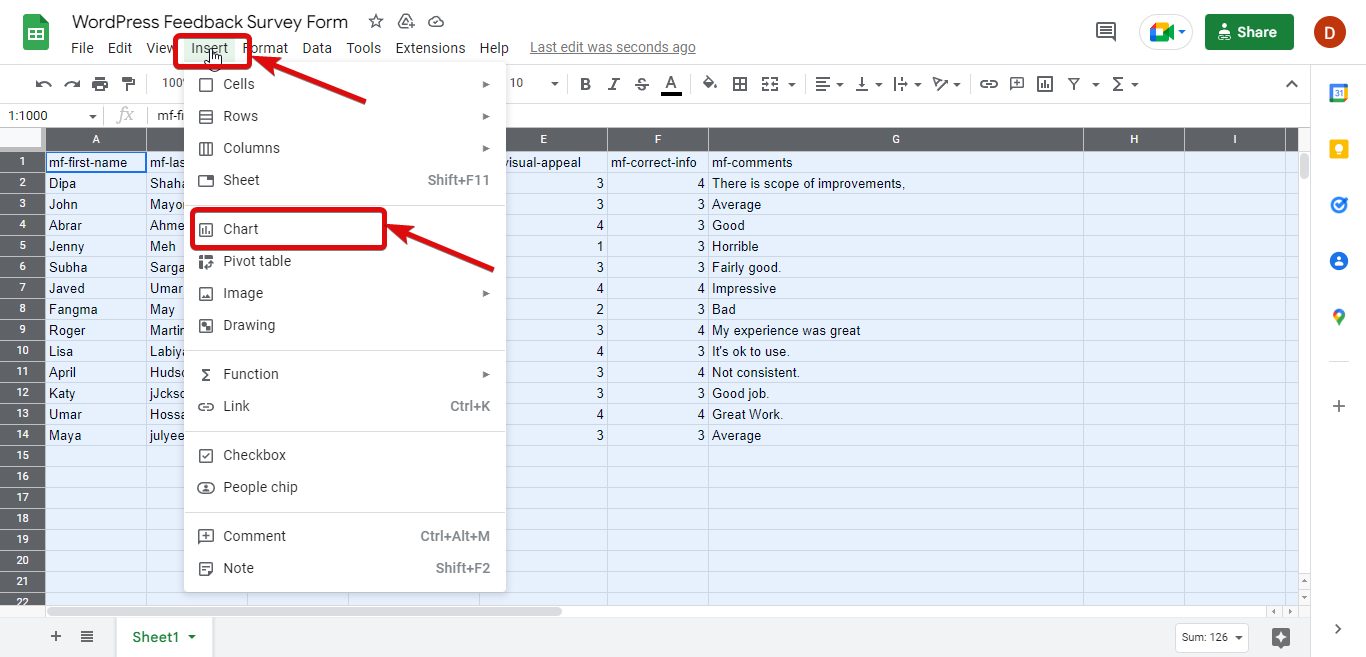 Navigieren Sie zum Google Sheet-Diagramm, um Element- oder Umfrageformularberichte zu erstellen