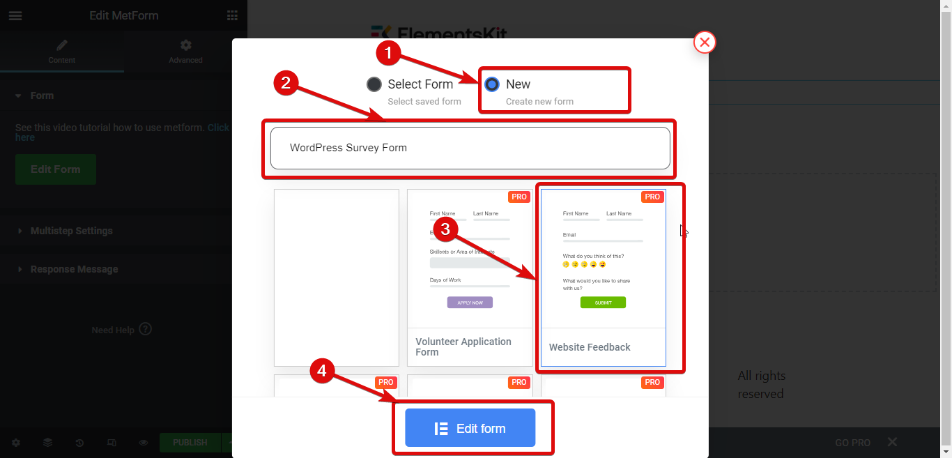 استخدم نموذج استبيان Metform الإضافي WordPress لإنشاء استبيان WordPress من استخدام temaplte معدة مسبقًا