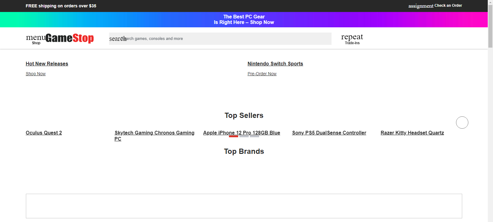 les effets de CLS sur le site Web de GameStop, certains contenus ne se chargeant pas