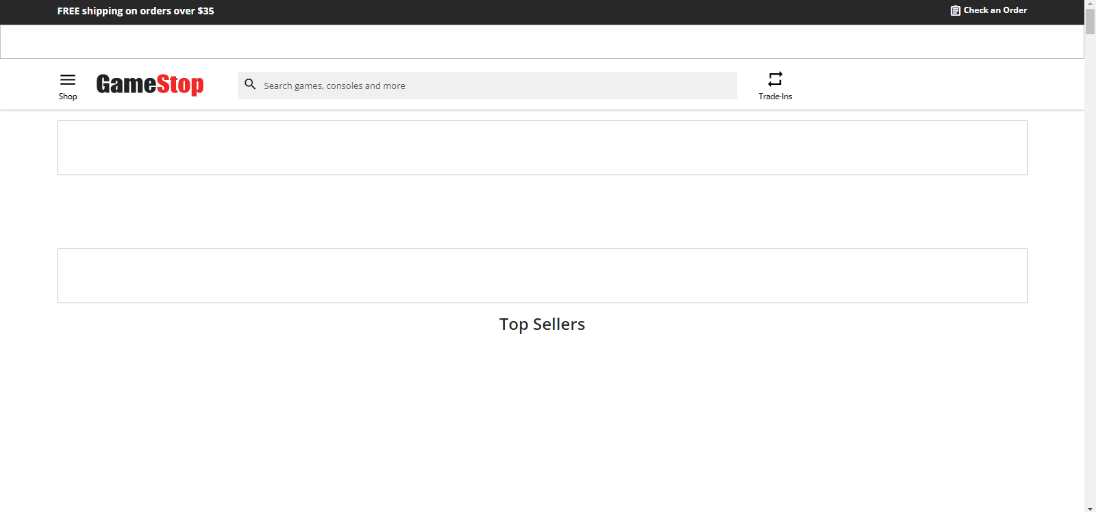 العناصر المبكرة يتم تحميلها على صفحة GameStop الرئيسية ، مع وجود الكثير من المساحات الفارغة