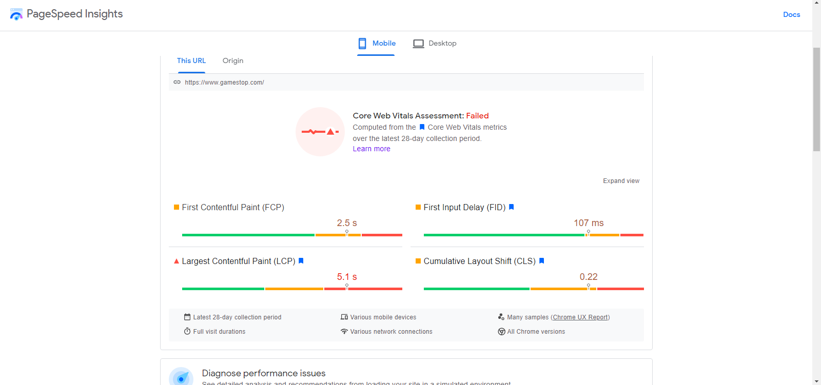 pontuações do Google PageSpeed ​​Insights