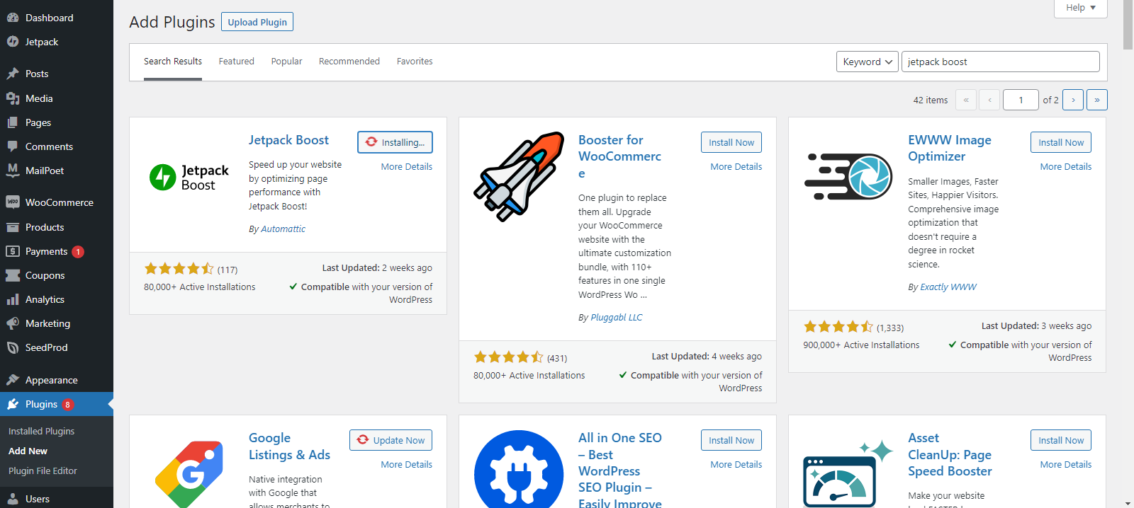 lista de plugins no WordPress, incluindo Jetpack Boost