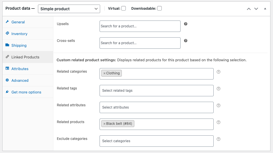 configurations pour la configuration de produits liés à woocommerce