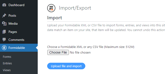 Opțiuni de import în Formidable Forms pentru clonarea unei aplicații.