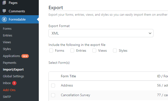 Opciones de formato de exportación para clonar una aplicación.