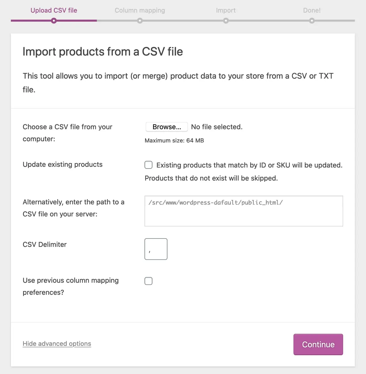 importer des produits à partir d'un fichier CSV