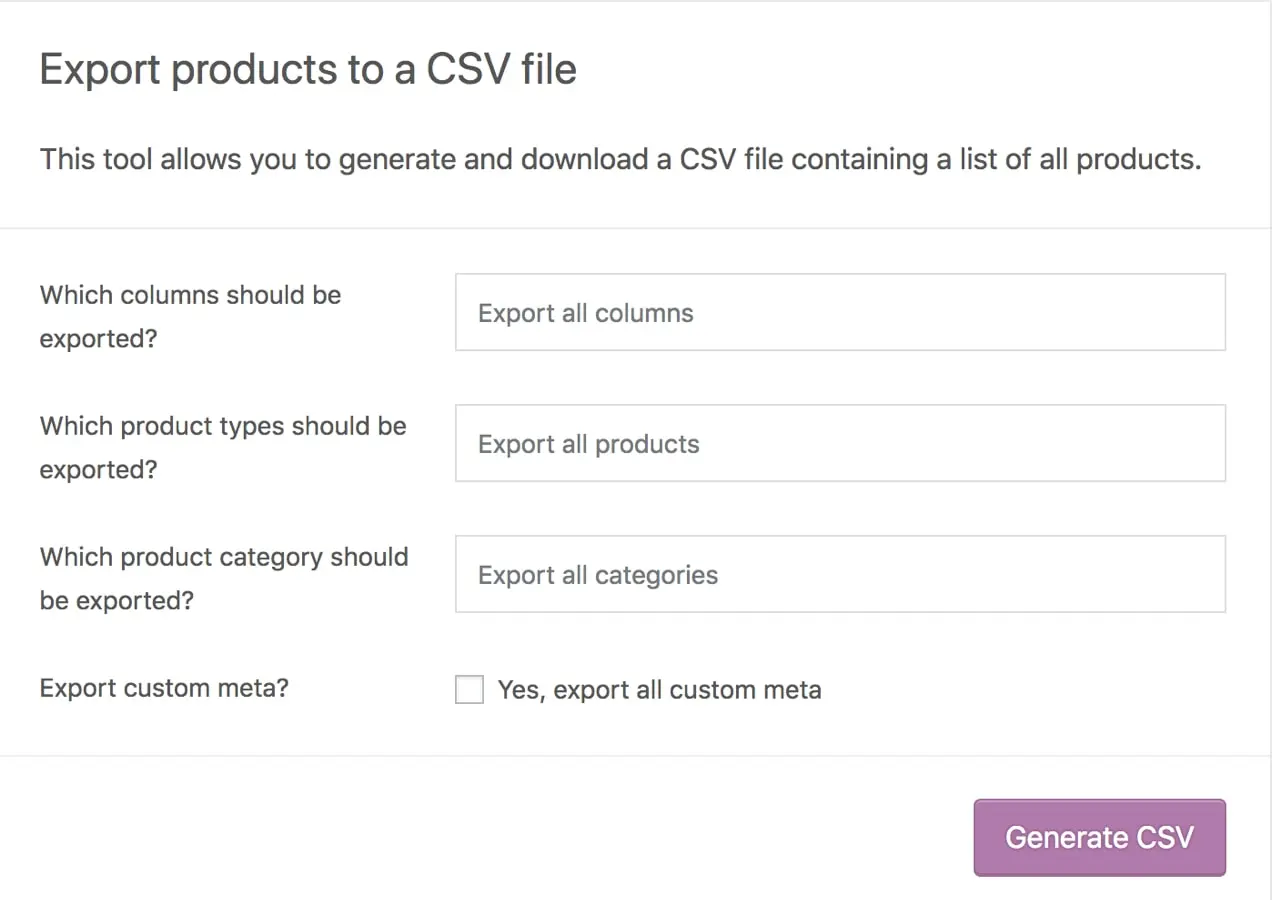 esportazione di prodotti in file CSV